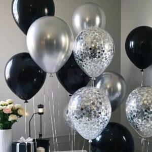 5 Parça Siyah, Gümüş ve Şeffaf Balon Seti – Doğum Günü ve Parti Dekoru 🎈
