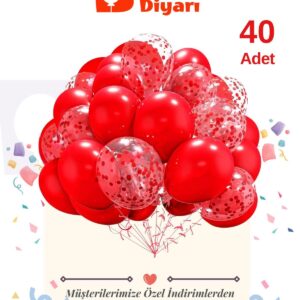 Kırmızı Şeffaf Konfetili 40'lı Paket Doğum Günü Süslemeleri Premium Lateks Balonlar