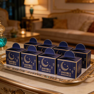 25 Li Ramazan Bayramı Küp Lokumluk 4.5x5.5 Cm Hayırlı Ramazanlar Baskılı Lacivert Konsept Dini Süsü