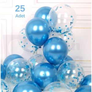25 Adet Mavi, Şeffaf Konfetili Lateks Helyum Balon Seti