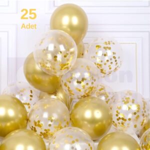 25 Adet Gold, Şeffaf Konfetili Lateks Helyum Balon Seti