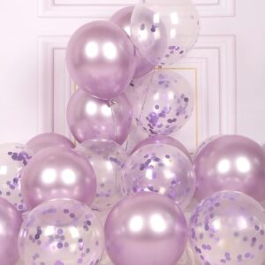 25 Adet Lila, Şeffaf Konfetili Lateks Helyum Balon Seti