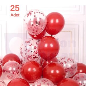 25 Adet Kırmızı, Şeffaf Konfetili Lateks Helyum Balon Seti