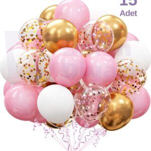Beyaz & Pembe & Gold Konfeti Şeffaf 15 Adet Balon Seti – Göz Alıcı Ve Şık Parti Dekoru