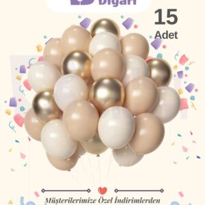 Beyaz & Ten Rengi & Gold Konfeti Şeffaf 15 Adet Balon Seti