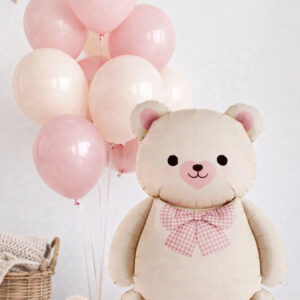 Papyonlu Kahverengi Ayı Folyo Balon 10’lu Pembe kum beji Balon Seti