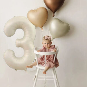 3 Yaş Doğum Günü Için Retro Pastel Parti Seti - 3 Adet Retro Kalp Balon Ve Rakam Krem Folyo Balon