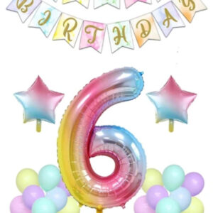 Gökkuşağı Konsepti 6 Yaş Doğum Günü Parti Kutlama Seti Rakam Ve Yıldız Folyo Banner Ve Makaron Balon