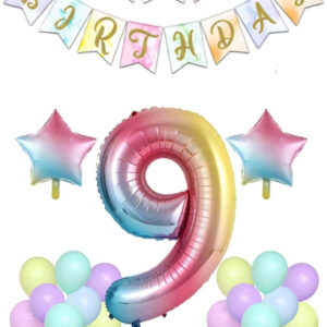 Gökkuşağı Konsepti 9 Yaş Doğum Günü Parti Kutlama Seti Rakam Ve Yıldız Folyo Banner Ve Makaron Balon