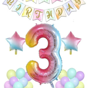 Gökkuşağı Konsepti 3 Yaş Doğum Günü Parti Kutlama Seti Rakam Ve Yıldız Folyo Banner Ve Makaron Balon