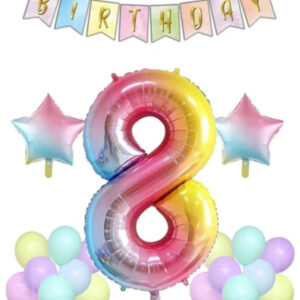 Gökkuşağı Konsepti 8 Yaş Doğum Günü Parti Kutlama Seti Rakam Ve Yıldız Folyo Banner Ve Makaron Balon