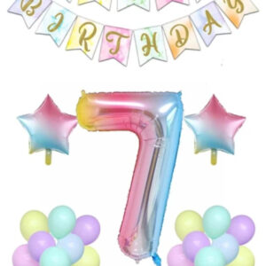 Gökkuşağı Konsepti 7 Yaş Doğum Günü Parti Kutlama Seti Rakam Ve Yıldız Folyo Banner Ve Makaron Balon