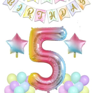 Gökkuşağı Konsepti 5 Yaş Doğum Günü Parti Kutlama Seti Rakam Ve Yıldız Folyo Banner Ve Makaron Balon