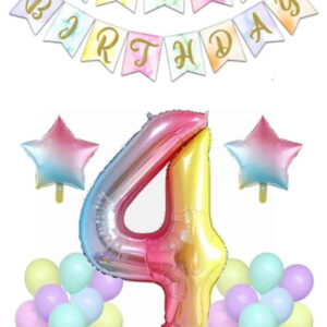 Gökkuşağı Konsepti 4 Yaş Doğum Günü Parti Kutlama Seti Rakam Ve Yıldız Folyo Banner Ve Makaron Balon