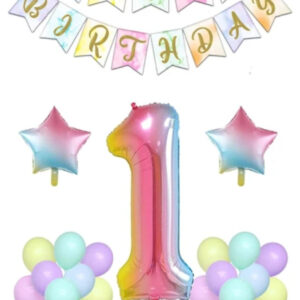 Gökkuşağı Konsepti 1 Yaş Doğum Günü Parti Kutlama Seti Rakam Ve Yıldız Folyo Banner Ve Makaron Balon