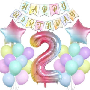 Gökkuşağı Konsepti 2 Yaş Doğum Günü Parti Kutlama Seti Rakam Ve Yıldız Folyo Banner Ve Makaron Balon