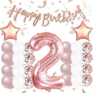 Rose Gold 2 Yaş Doğum Günü Kutlama Seti; Beyaz Gold Konfetili Balon, Rakam Yıldız Folyo Ve Banner
