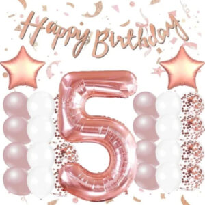 Rose Gold 5 Yaş Doğum Günü Kutlama Seti; Beyaz Gold Konfetili Balon, Rakam Yıldız Folyo Ve Banner