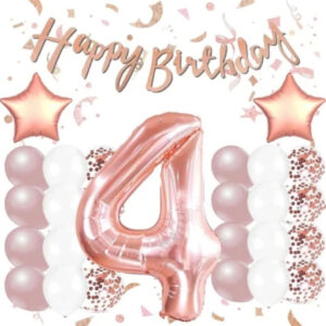 Rose Gold 4 Yaş Doğum Günü Kutlama Seti; Beyaz Gold Konfetili Balon, Rakam Yıldız Folyo Ve Banner