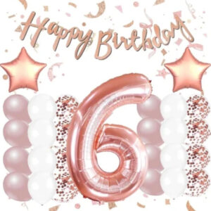 Rose Gold 6 Yaş Doğum Günü Kutlama Seti; Beyaz Gold Konfetili Balon, Rakam Yıldız Folyo Ve Banner
