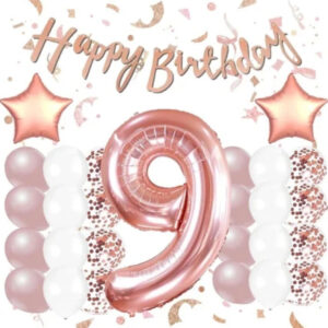 Rose Gold 9 Yaş Doğum Günü Kutlama Seti; Beyaz Gold Konfetili Balon, Rakam Yıldız Folyo Ve Banner