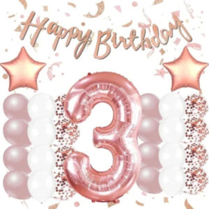 Rose Gold 3 Yaş Doğum Günü Kutlama Seti; Beyaz Gold Konfetili Balon, Rakam Yıldız Folyo Ve Banner
