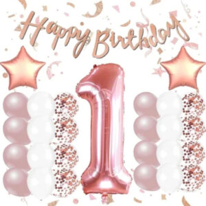 Rose Gold 1 Yaş Doğum Günü Kutlama Seti; Beyaz Gold Konfetili Balon, Rakam Yıldız Folyo Ve Banner