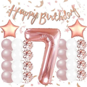 Rose Gold 7 Yaş Doğum Günü Kutlama Seti; Beyaz Gold Konfetili Balon, Rakam Yıldız Folyo Ve Banner
