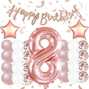 Rose Gold 8 Yaş Doğum Günü Kutlama Seti; Beyaz Gold Konfetili Balon, Rakam Yıldız Folyo Ve Banner