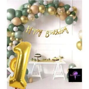 Küf Yeşilli Gold Beyaz 1 Yaş Için Kaliteli Lüks Doğum Günü Balon Seti