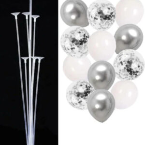 Balon Diyarı 7'li Balon Standı Ve 12 Adet Gümüş-beyaz-şeffaf Konfetili Balon Set
