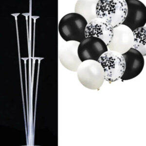 Balon Diyarı 7'li Balon Standı Ve 12 Adet Siyah Beyaz Ve Şeffaf Konfetili Balon Set