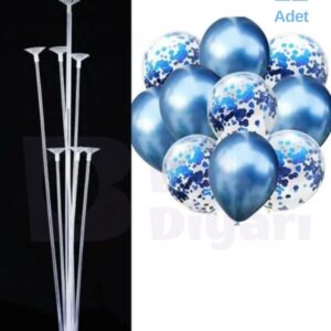 Balon Diyarı 7'li Lüks Balon Standı Ve 12 Adet Krom Mavi Ve Şeffaf Konfetili Balon Set