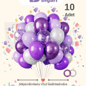10 Adet Lila - Mor - Beyaz - Şeffaf Konfetili, Balon Kaliteli Balon Seti