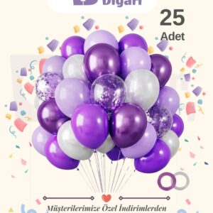 25 Adet Lila - Mor - Şeffaf Konfetili, Balon Seti