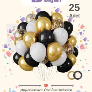 25 Adet Siyah - Beyaz- Konfetili Şeffaf Balon , Metalik Gold Balon Kaliteli Balon Seti