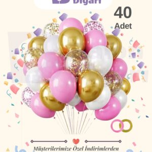 40 Adet Pembe-beyaz Krom Gold- Şeffaf Konfetili Kaliteli Balon Seti