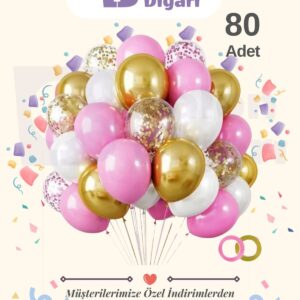 80 Adet Pembe-beyaz Krom Gold- Şeffaf Konfetili Kaliteli Balon Seti