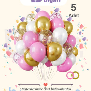 5 adet Pembe-Beyaz Krom Gold- şeffaf Konfetili Kaliteli balon seti