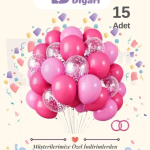 15 Adet Fuşya - Pembe Şeffaf Konfetili Kaliteli Balon Seti