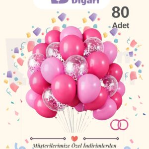 80 Adet Fuşya - Pembe Şeffaf Konfetili Kaliteli Balon Seti