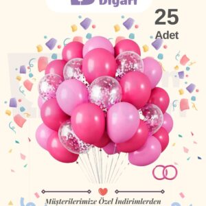 25 Adet Fuşya - Pembe Şeffaf Konfetili Kaliteli Balon Seti