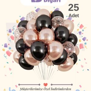 25 Adet Siyah Şeffaf Konfetili, Krom Rose Gold Balon Kaliteli Balon Seti