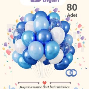 80 Adet Lacivert Açık Mavi Beyaz Konfetili Şeffaf Balon , Metalik Pastel Karışık Kaliteli Balon Seti