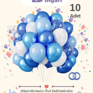 10 adet Lacivert Açık mavi Beyaz Konfetili şeffaf balon , Metalik Pastel Karışık Kaliteli Balon Seti