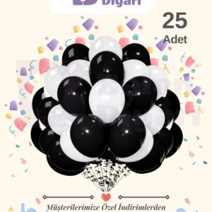25 Adet Siyah - Beyaz- Balon , Mat Kaliteli Balon Seti