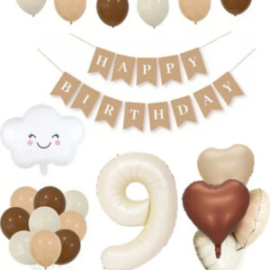 9 Yaş Için Retro Doğum Günü Seti Krem Rakam Folyo Banner Bulut Folyo Balon Balon Bandı Hediyeli